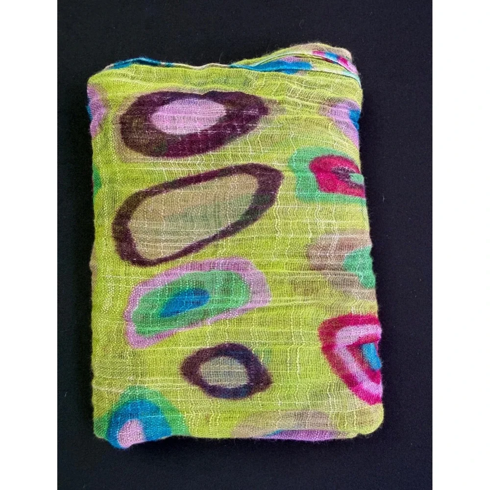 Abstract Circle Print Scarf Green Pink Gauze Fringe Boho Artsy Wrap Eclectic